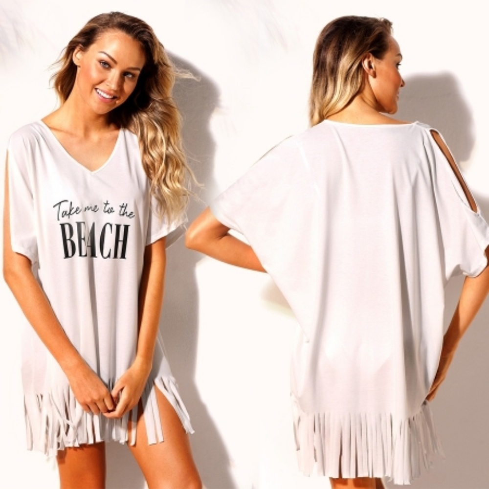 🍁White Loose Fit Take me to the BEACH Cover up - Picture 4 of 8